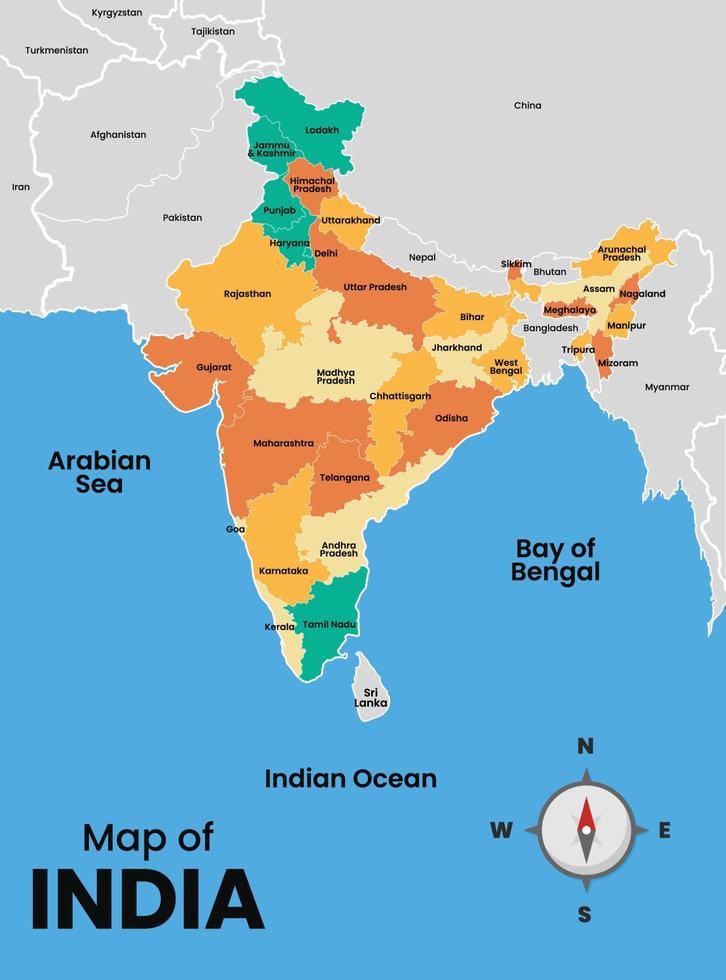 detailed country map of india with surrounding borders free vector